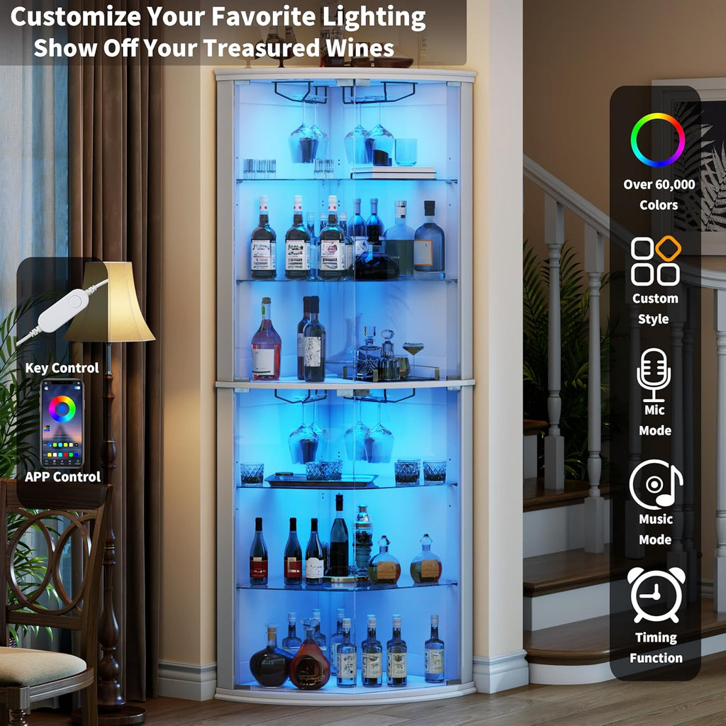 Loomie 70" Corner Bar Cabinet with LED Lights, 6-Tier Modern Wine Cabinet with Glass Door & Glass Holder, Tall Home Bar Liquor Cabinet with Adjustable Shelves for Dining Room, Living Room (White)