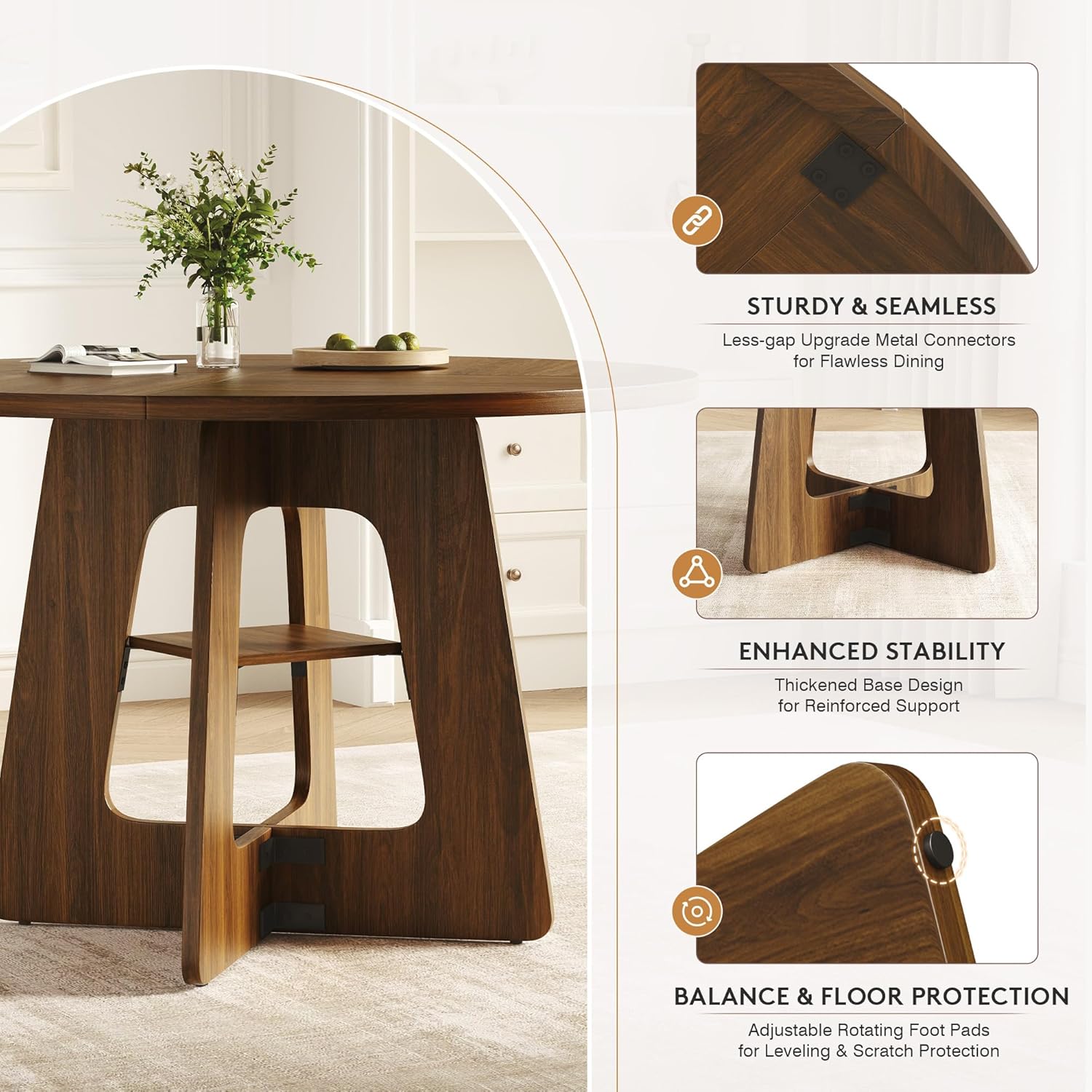 GRUSIGN 5-Piece Round Dining Table Set for 4-6, 47" Farmhouse Table with 4 Upholstered Dining Chairs, Ergonomic Curved Backrest, Space-Saving Wood Dinette Set for Dining Room Apartment, Small Space