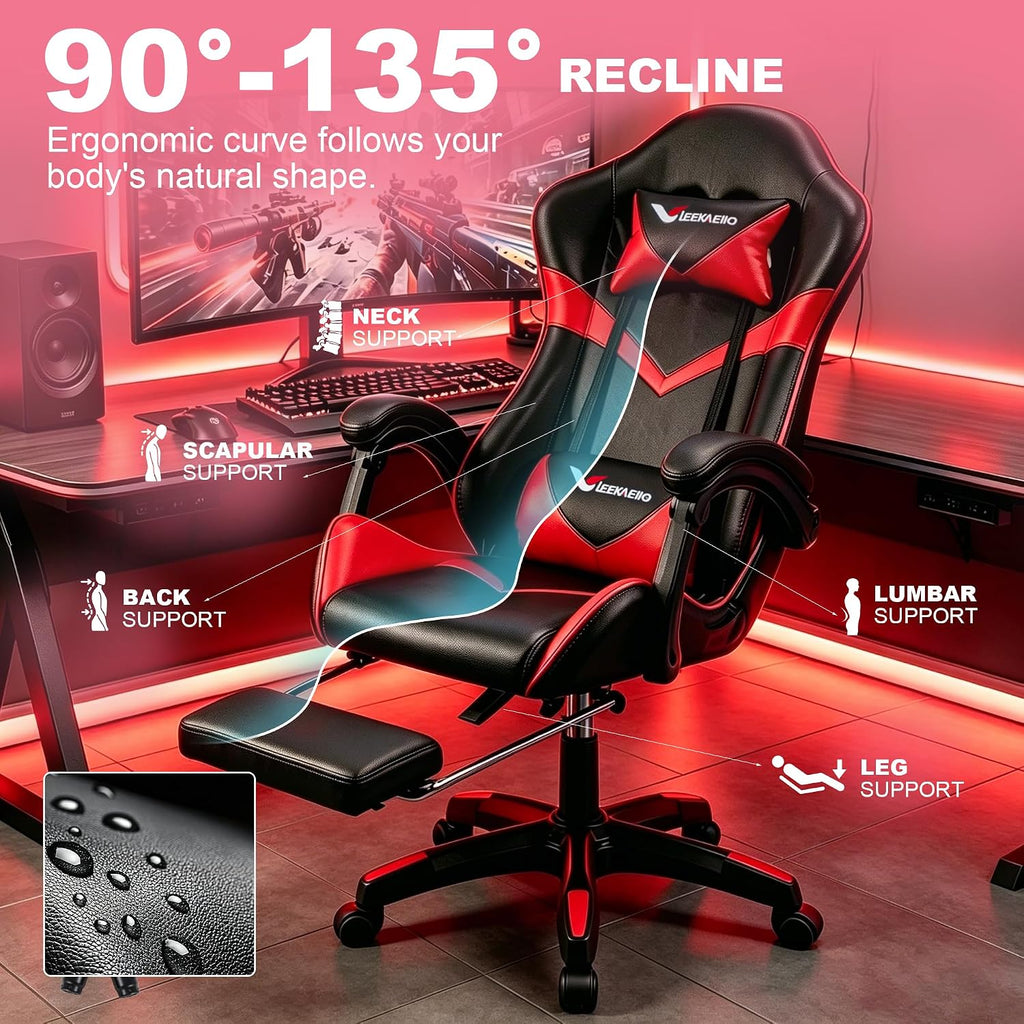Gaming Chair, Ergonomic Reclining Computer Chair for Adults, with Footrest and Lumbar Support, 360° Swivel, for Office Gaming Home Use, Red & Black