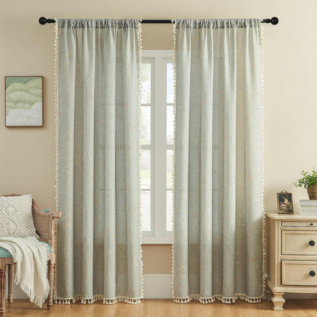 Joydeco Blue Floral Boho Curtains 96 Inches Long 2 Panels, Super Soft Bohemian Farmhouse Curtains with Tassels, Semi Sheer Light Filtering Drapes for Bedroom Living Room (Rod Pocket, 52Wx96L)