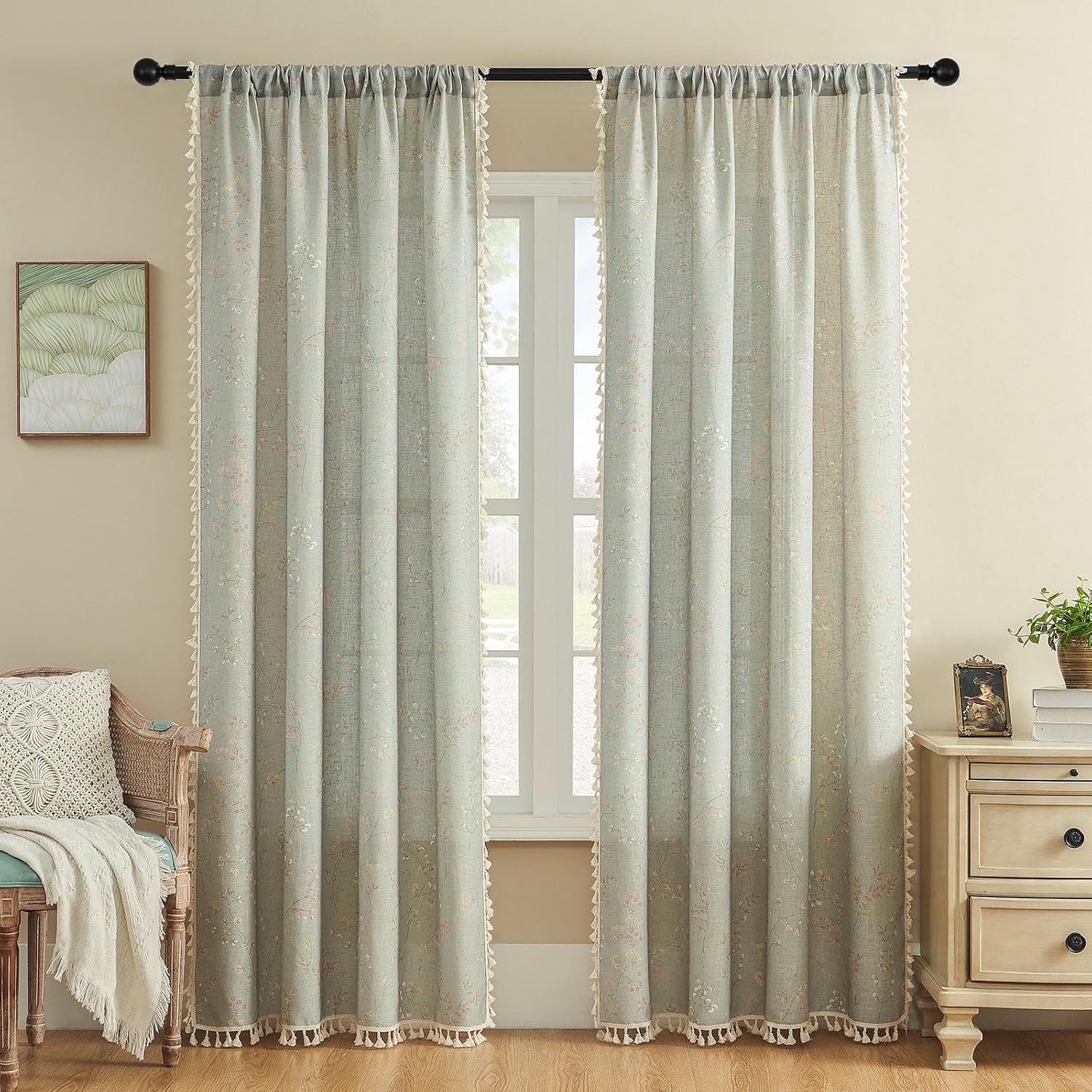 Joydeco Blue Floral Boho Curtains 96 Inches Long 2 Panels, Super Soft Bohemian Farmhouse Curtains with Tassels, Semi Sheer Light Filtering Drapes for Bedroom Living Room (Rod Pocket, 52Wx96L)