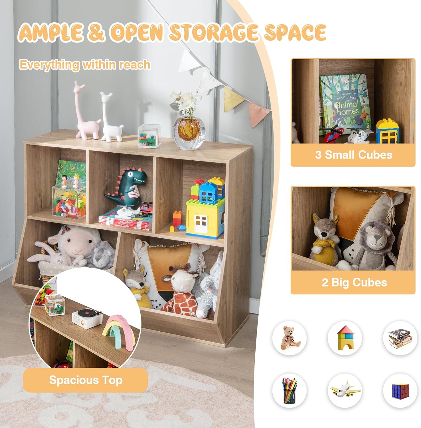 HONEY JOY Toy Storage Organizer with Bookcase, 5-Cubby Children Bookshelf Toy Storage Cabinet, Open Kids Toy Storage Shelf Book Display Rack for Playroom, Bedroom, Kindergarten, Nursery, School