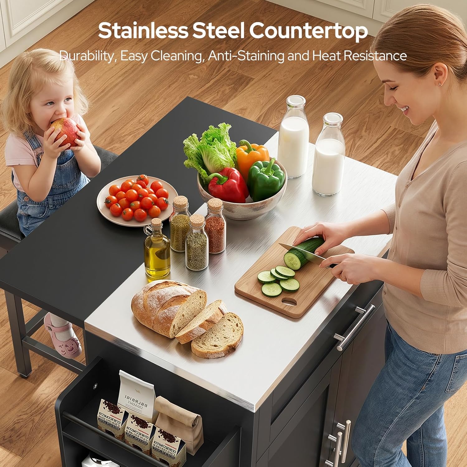 Concho 41'' Kitchen Island with Seating and Stainless Steel Countertop, Rolling Kitchen Carts on Wheels with Folding Drop Leaf, Bar Stool, Power Outlet, Spice/Towel Rack, Storage Cabinets, Walnut
