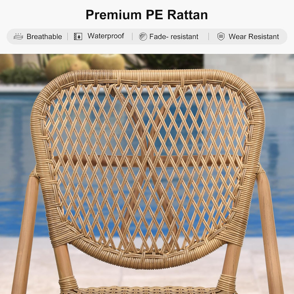 PURPLE LEAF French Bar Stools Set of 2 Patio Rattan Aluminum Bar Height Bamboo Pattern Finish Barstools with Back for Pool Garden Kitchen Island Outdoor Bar Chairs, Brown