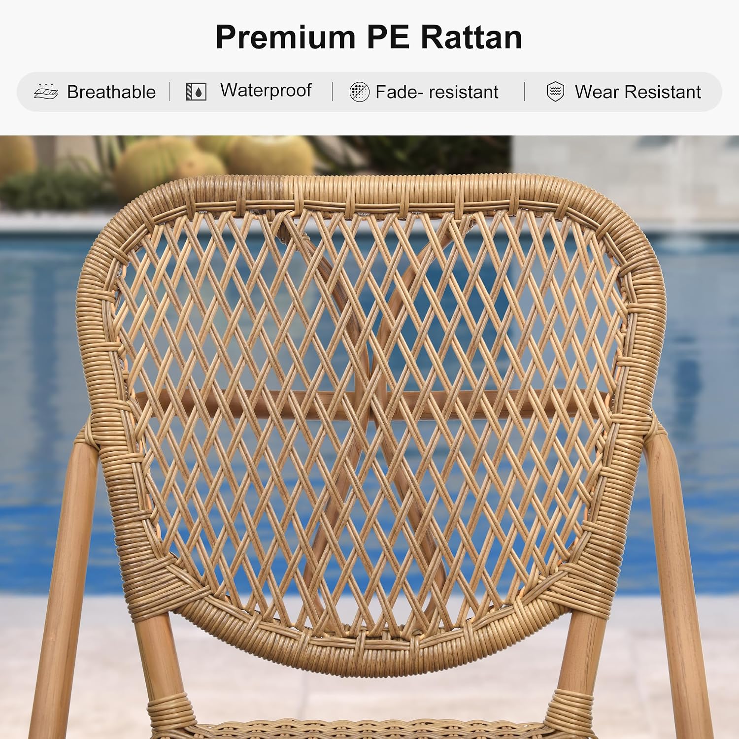 PURPLE LEAF French Bar Stools Set of 2 Patio Rattan Aluminum Bar Height Bamboo Pattern Finish Barstools with Back for Pool Garden Kitchen Island Outdoor Bar Chairs, Brown