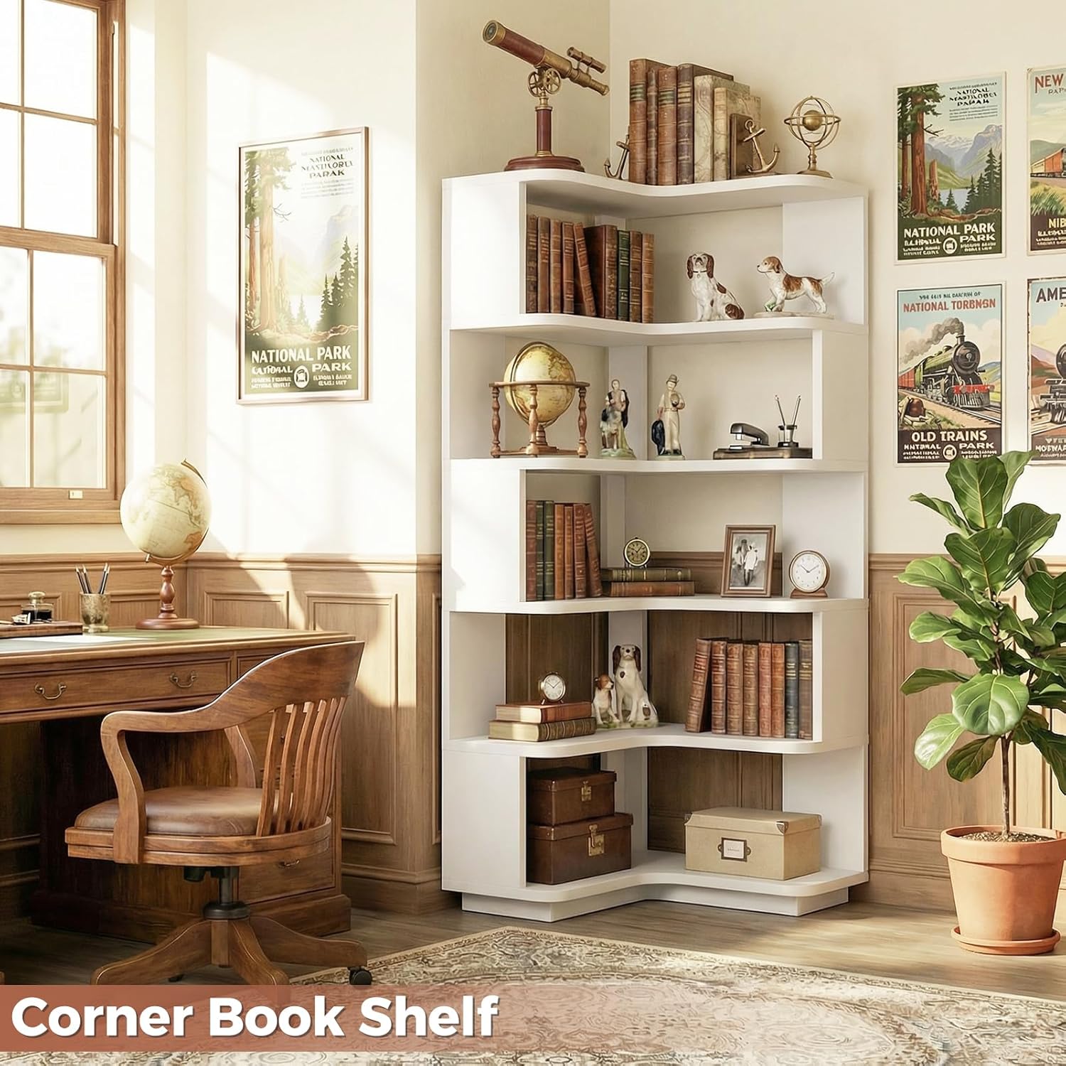 Besiost Corner Book Shelf, 6-Shelf Corner Bookshelf for Small Corner Spaces, L-Shape Bookcase Corner Display Shelf for Home Office, Living Room, Bedroom, White