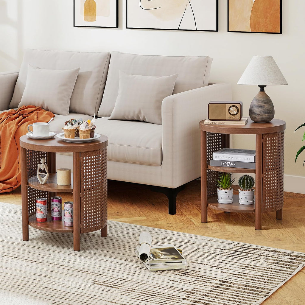 Small Round Side Set of 2, 16" Mid-Century Farmhouse End Table with Iron Rattan for Sofa Couch, Wood Storage Shelf + Metal Frame Nightstand for Bedroom, Living Room, Entryway (Walnut)