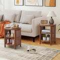 Small Round Side Set of 2, 16" Mid-Century Farmhouse End Table with Iron Rattan for Sofa Couch, Wood Storage Shelf + Metal Frame Nightstand for Bedroom, Living Room, Entryway (Walnut)