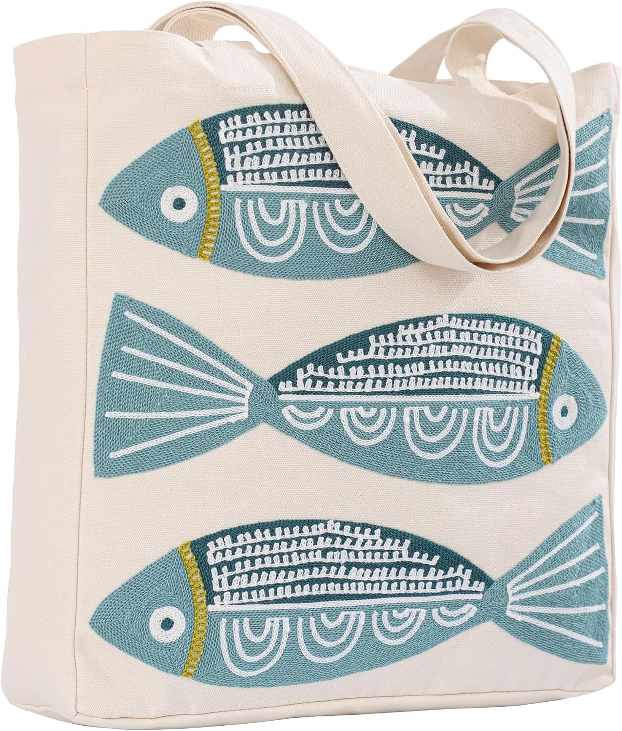 Ocean-Themed Embroidery Tote Bag for Women Summer Canvas Beach Bag Reusable Bag for Shopping Grocery Book