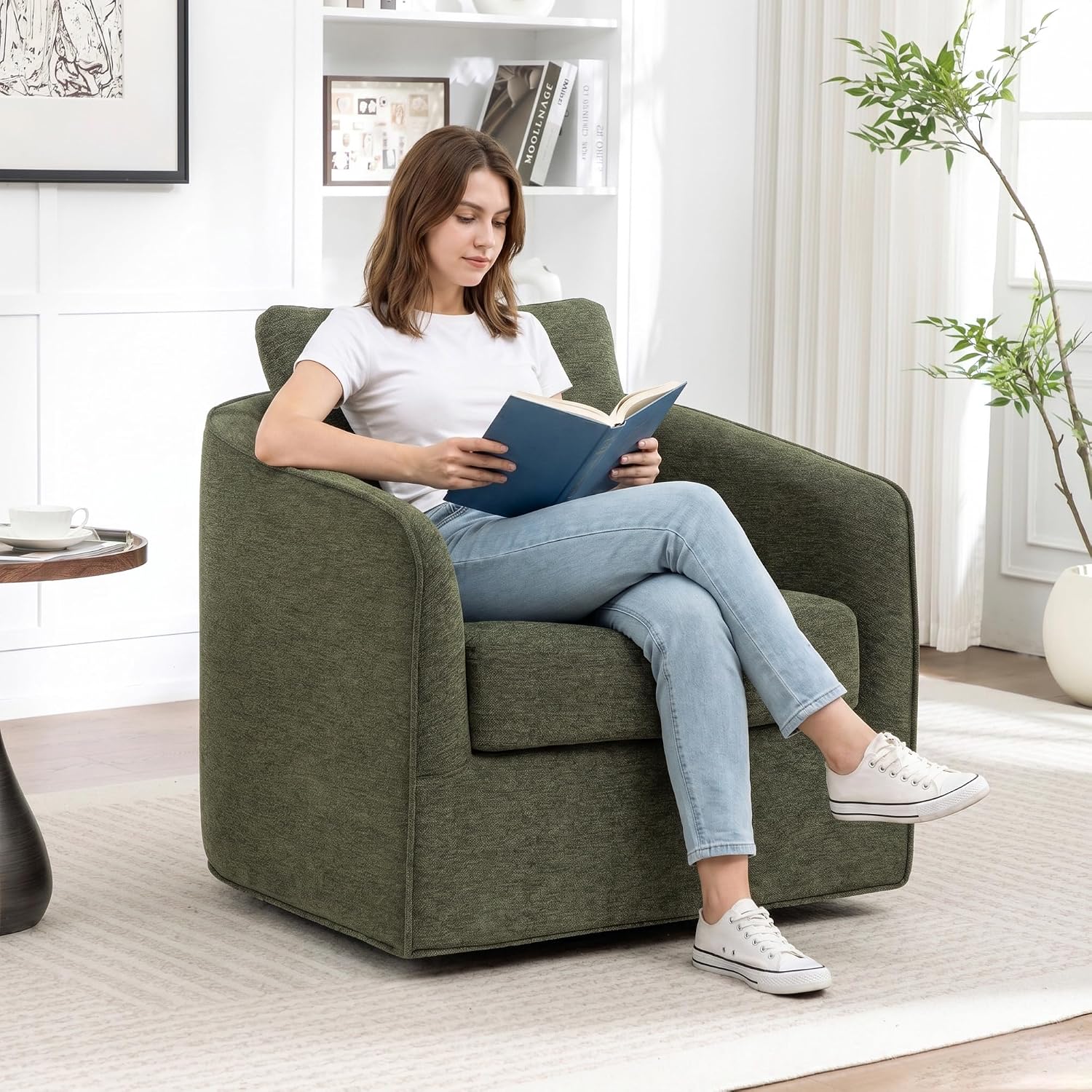 MINCETA Swivel Accent Chairs, Oversized Swivel Barrel Chair with High Density Foam, Linen Fabric Reading Chairs, Upholstered Armchair for Living Room, Bedroom, No Assembly, Green