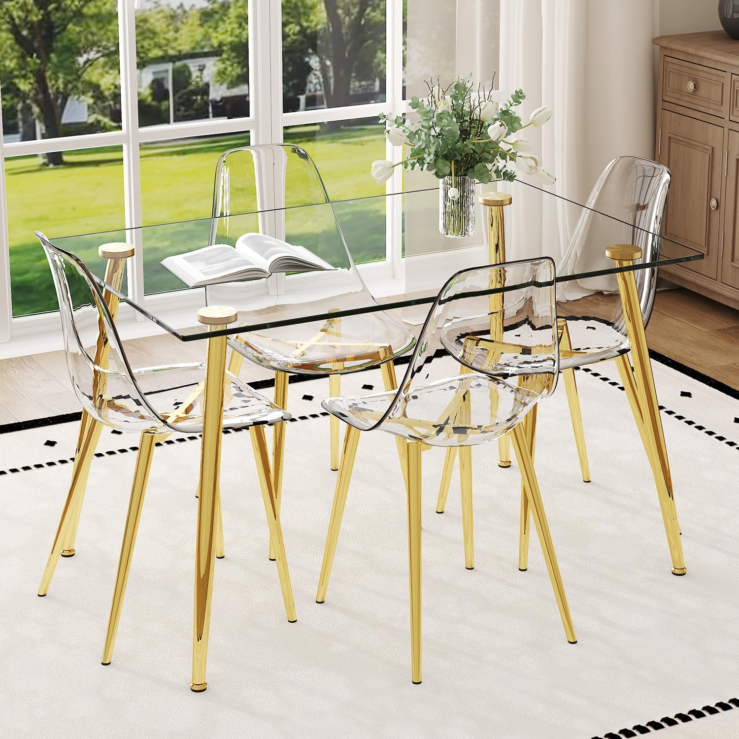 Ebullient Glass Dining Table Set for 4, 51" Clear Tempered Glass Tabletop with Gold Chrome Metal Legs and 4 Transparent Acrylic Chairs, Compact Modern Kitchen Table Set for Small Space Dining Room