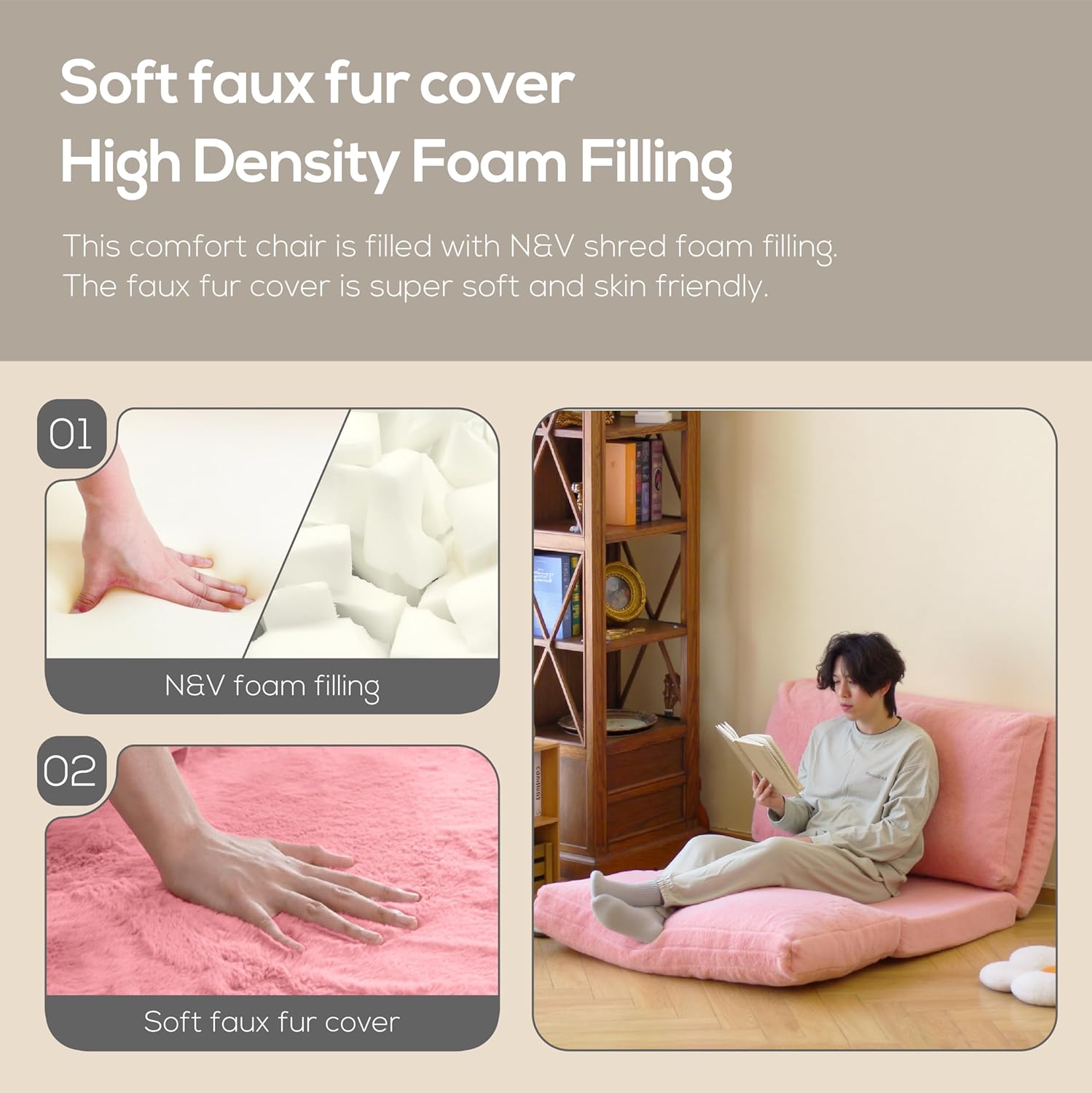 N&V Folding Matress Sofa Bean Bag Bed, Foam Filling Folding Matress Sofa, Includes Removable and Machine Washable Cover, Soft Premium Faux Fur (Small, Blue)