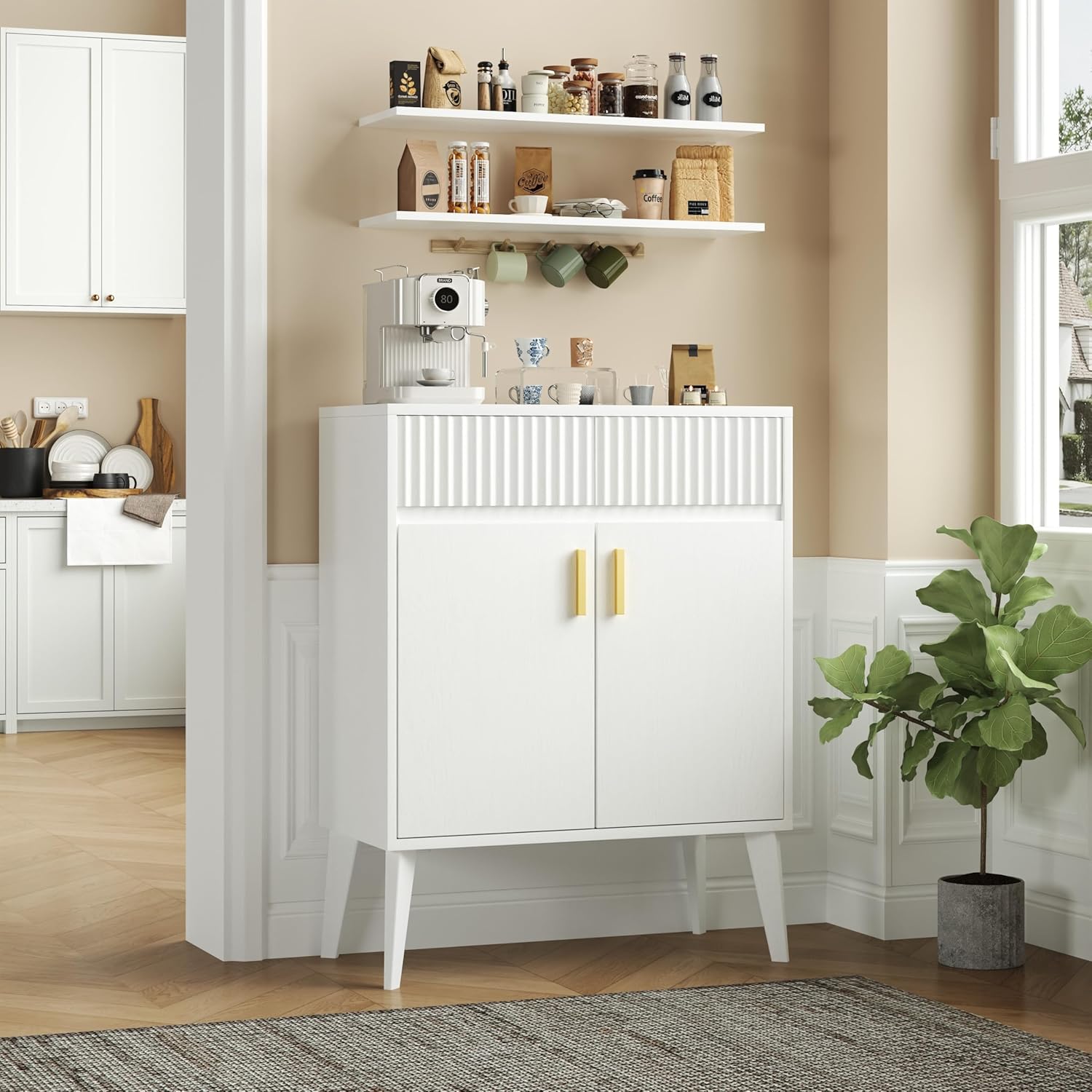 Sideboard Storage Cabinet with 2 Drawers & 2 Doors, Fluted Kitchen Buffet Cabinet with Adjustable Shelves, Coffee Bar Station for Living Room, Entryway, 13.8 x 27.6 x 35.6 Inches, White