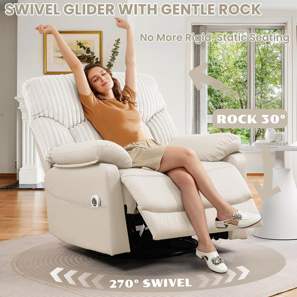 GRAINELL Swivel Rocker Recliner Chair with Massage and Heat, USB Charging Port, Infinite Position Power Recliner, Electric Glider Rocking Chairs for Living Room, Nursery, Ivory