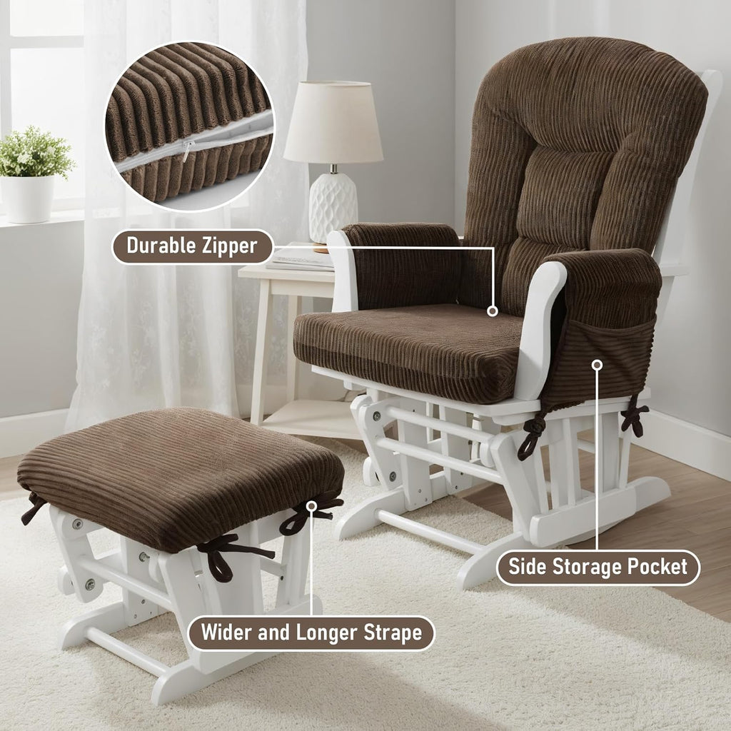 Boshen 5PCS Glider Rocker Replacement Cushions with Storage Side Pockets, Thickened 3.5IN Seat & Supportive Striped Plush Rocking Chair Cushion Set with Ottoman Cover for Indoor Nursery, Brown