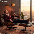 Luxury Top Grain Leather Mid Century Chaise Lounge Chair with Ottoman, Heavy Duty Base Support, Reading Chair, Modern Arm Chair, Leather Accent Chair for Living Room and Office, Walnut
