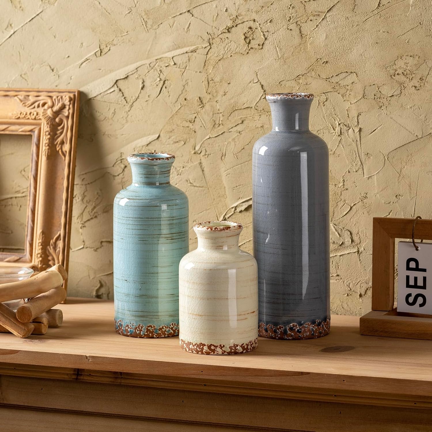 Ceramic Vases Set of 3, Modern Rustic Decorative Flower Vases for Farmhouse Home Decor, Table Shelf Mantel, Living Room, Entryway, Kitchen Centerpiece – Modern Rustic
