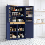 Freestanding Kitchen Pantry Large Cupboard Storage Cabinet with 2 Drawers, 2 Adjustable Shelves, 8 Door Shelves for Kitchen, Dining Room Blue