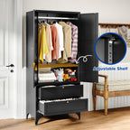 BYNSOE 71" Tall Metal Wardrobe Closet with 2 Drawers, Steel Armoire Cabinet with Hanging Rod and Adjustable Shelves, Freestanding Clothes Storage Organizer for Bedroom(Black, with 2 Drawers)