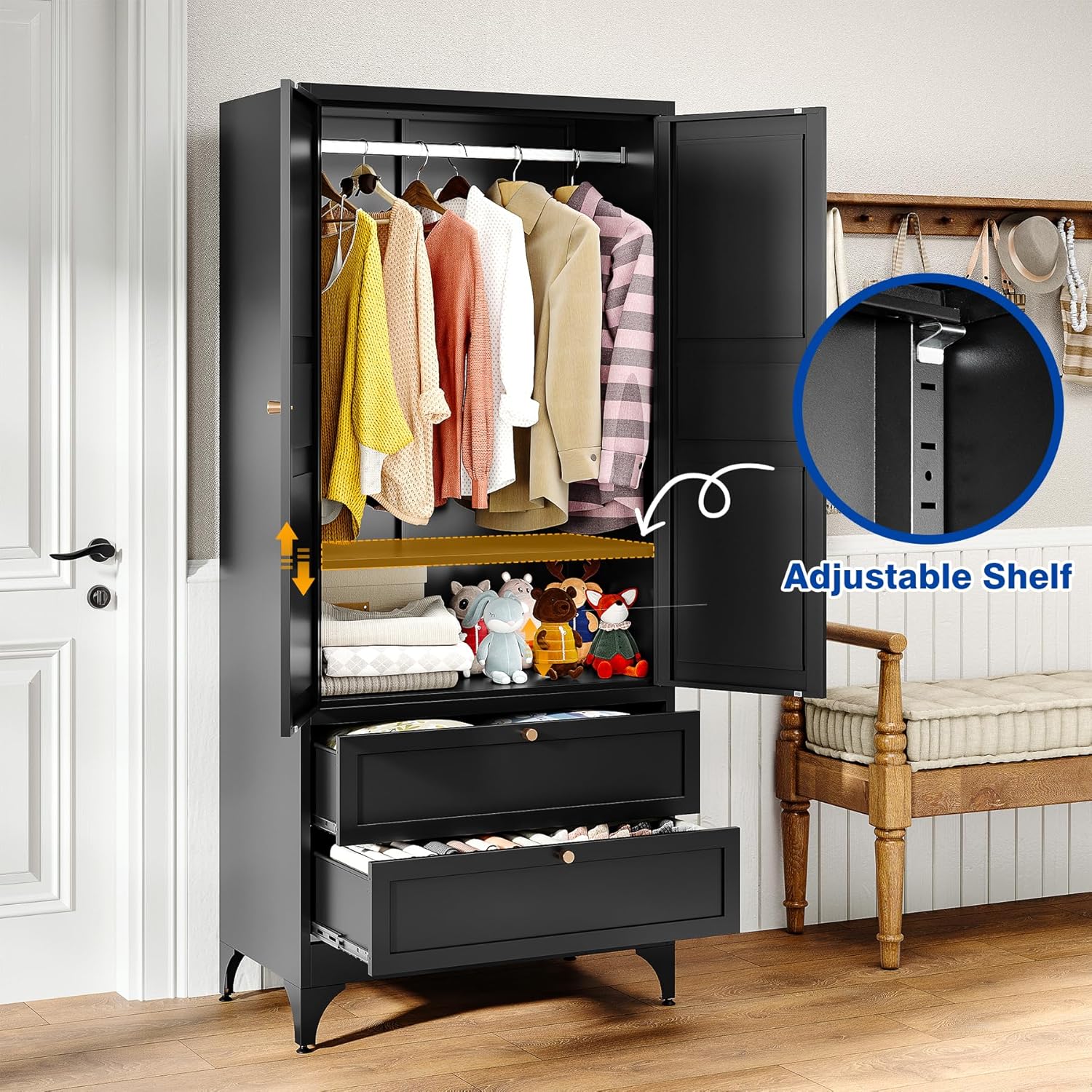 BYNSOE 71" Tall Metal Wardrobe Closet with 2 Drawers, Steel Armoire Cabinet with Hanging Rod and Adjustable Shelves, Freestanding Clothes Storage Organizer for Bedroom(Black, with 2 Drawers)