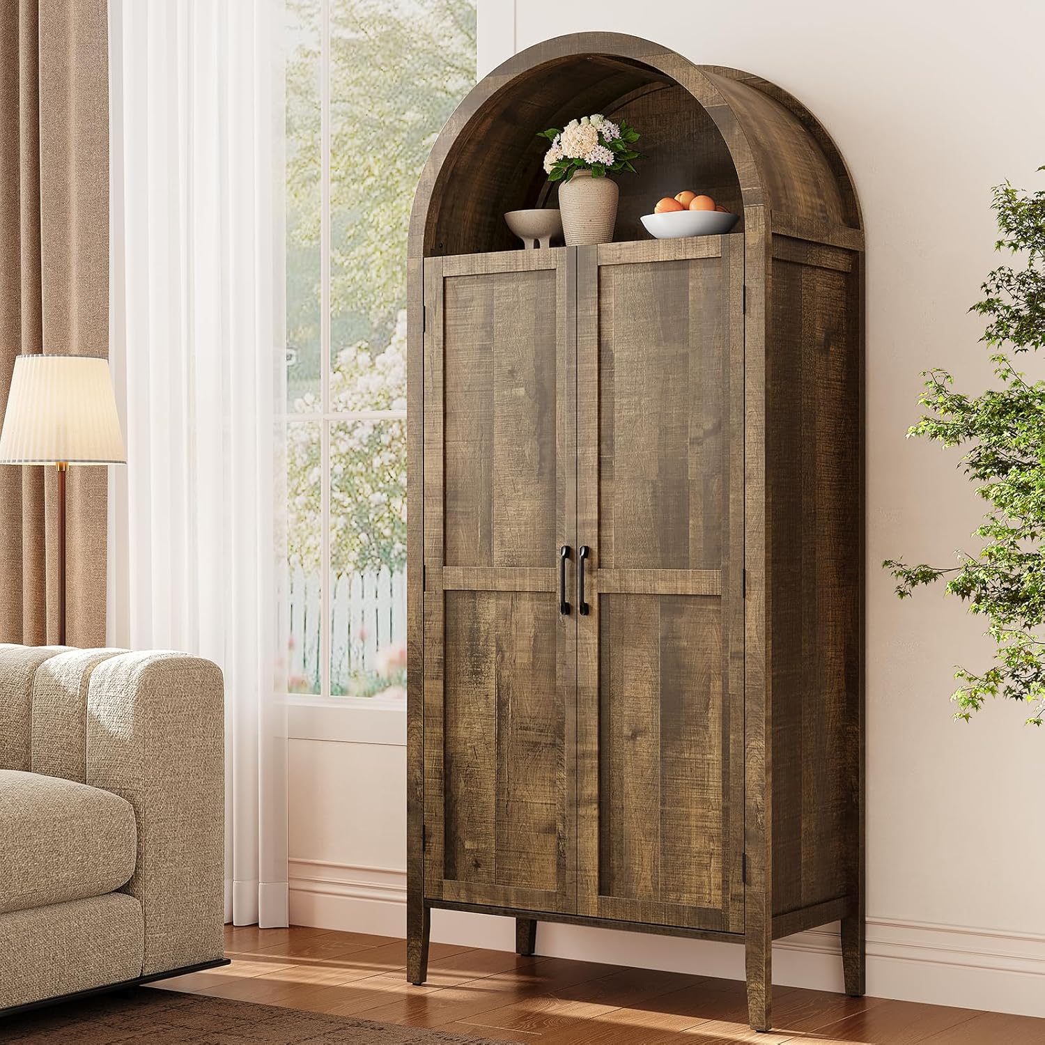 ONBRILL 71" Tall Arched Kitchen Pantry, Storage Cabinet Pantry with 2 Pull-Out Shelves, 6 Door Shelves, Organizer, Freestanding Morden Versatile Cupboard for Kitchen, Dining Room (Rustic Brown)