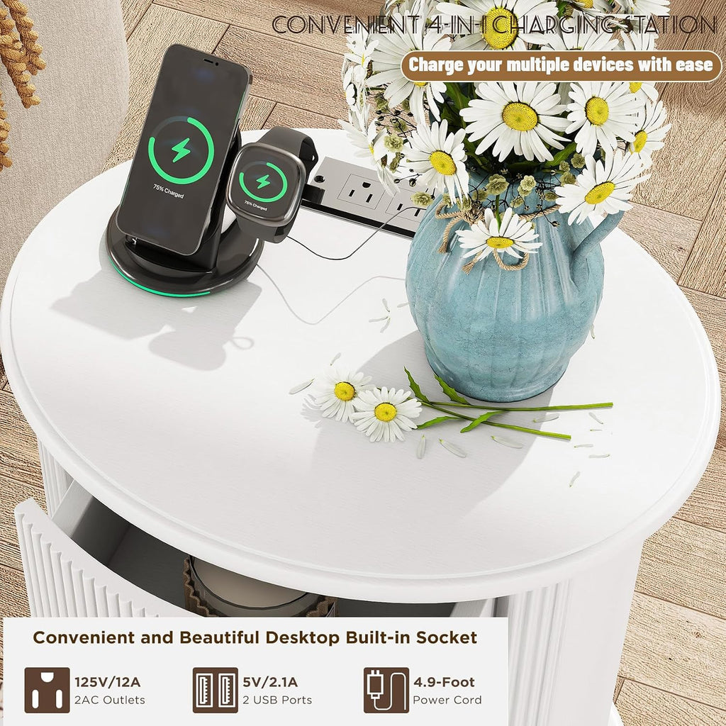 Mirightone Round End Table with Charging Station, Wood Side Table with Storage for Small Spaces, White Nightstand with 3 Drawers, Couch Side Cabinet Bedside Table for Living Room/Bedroom/Corner