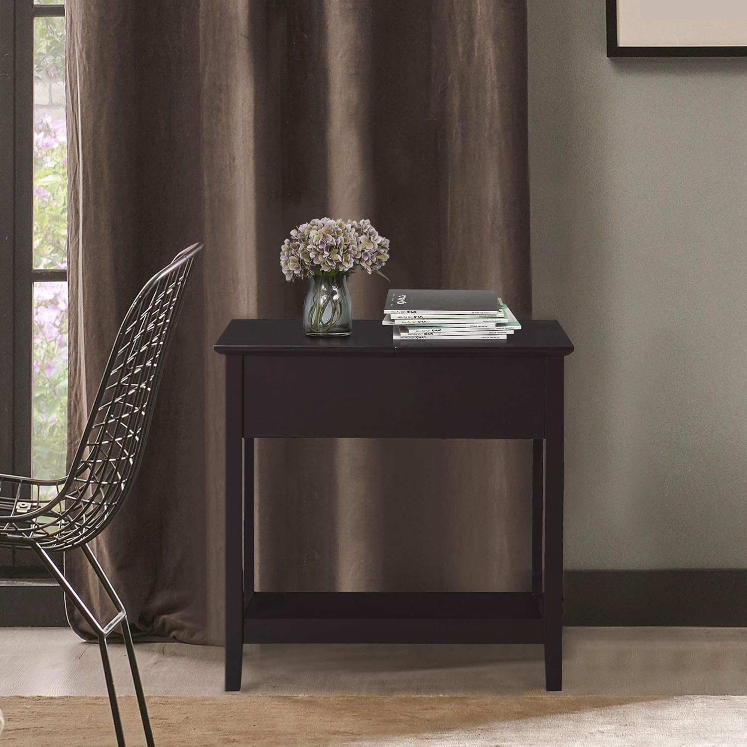 Hinge Cabinet End Table 24x18x30 possessing Bottom Shelf Durable Base Coffee Tone Finish Contemporary Appeal Premium Material