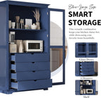 Polibi 44.7" Extra-Large Freestanding Storage Cabinet - Glass Door Display with 4 Drawers & Shelf, Multi-Functional for Kitchen Pantry & Dining Room, Blue