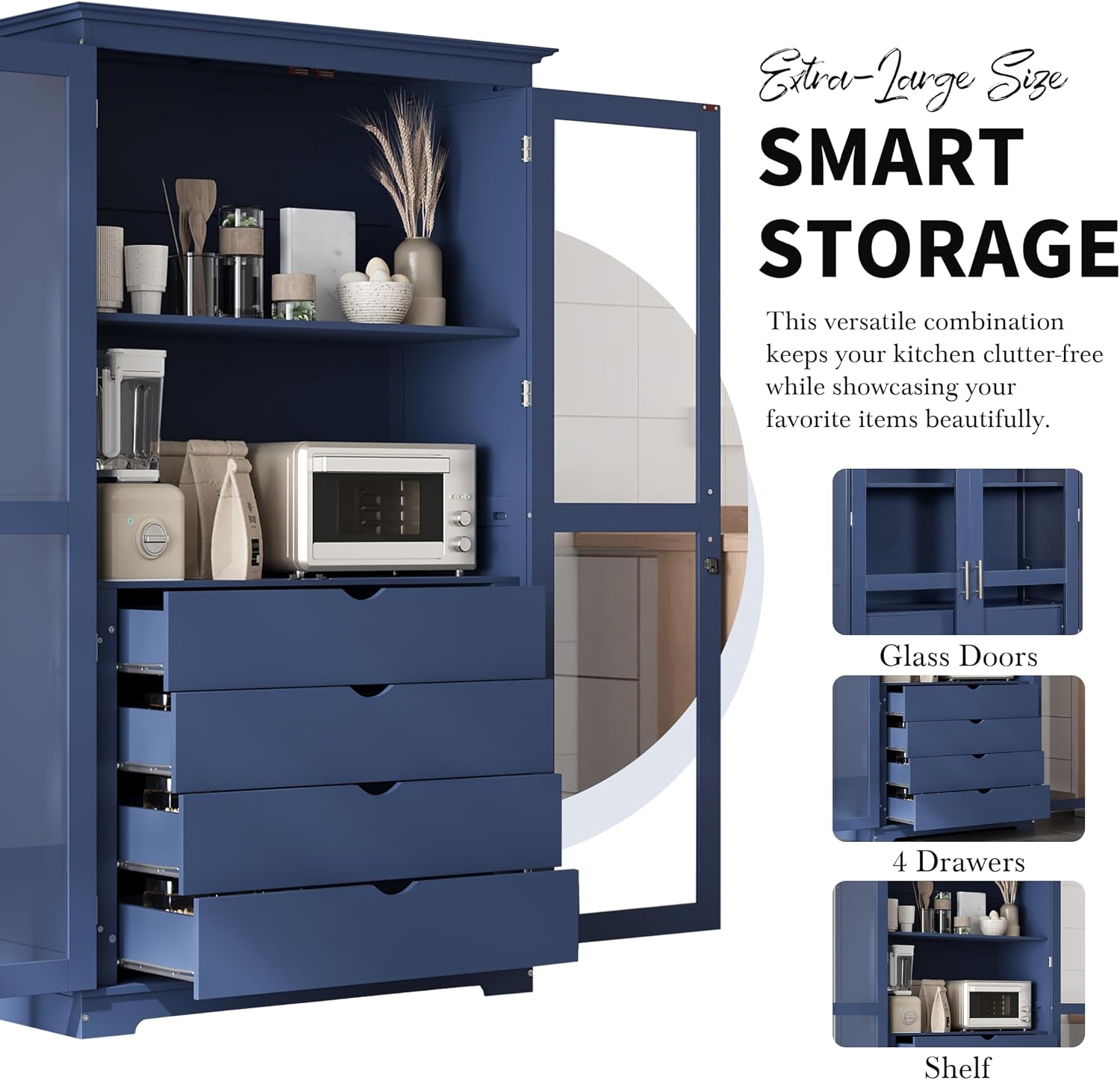 Polibi 44.7" Extra-Large Freestanding Storage Cabinet - Glass Door Display with 4 Drawers & Shelf, Multi-Functional for Kitchen Pantry & Dining Room, Blue