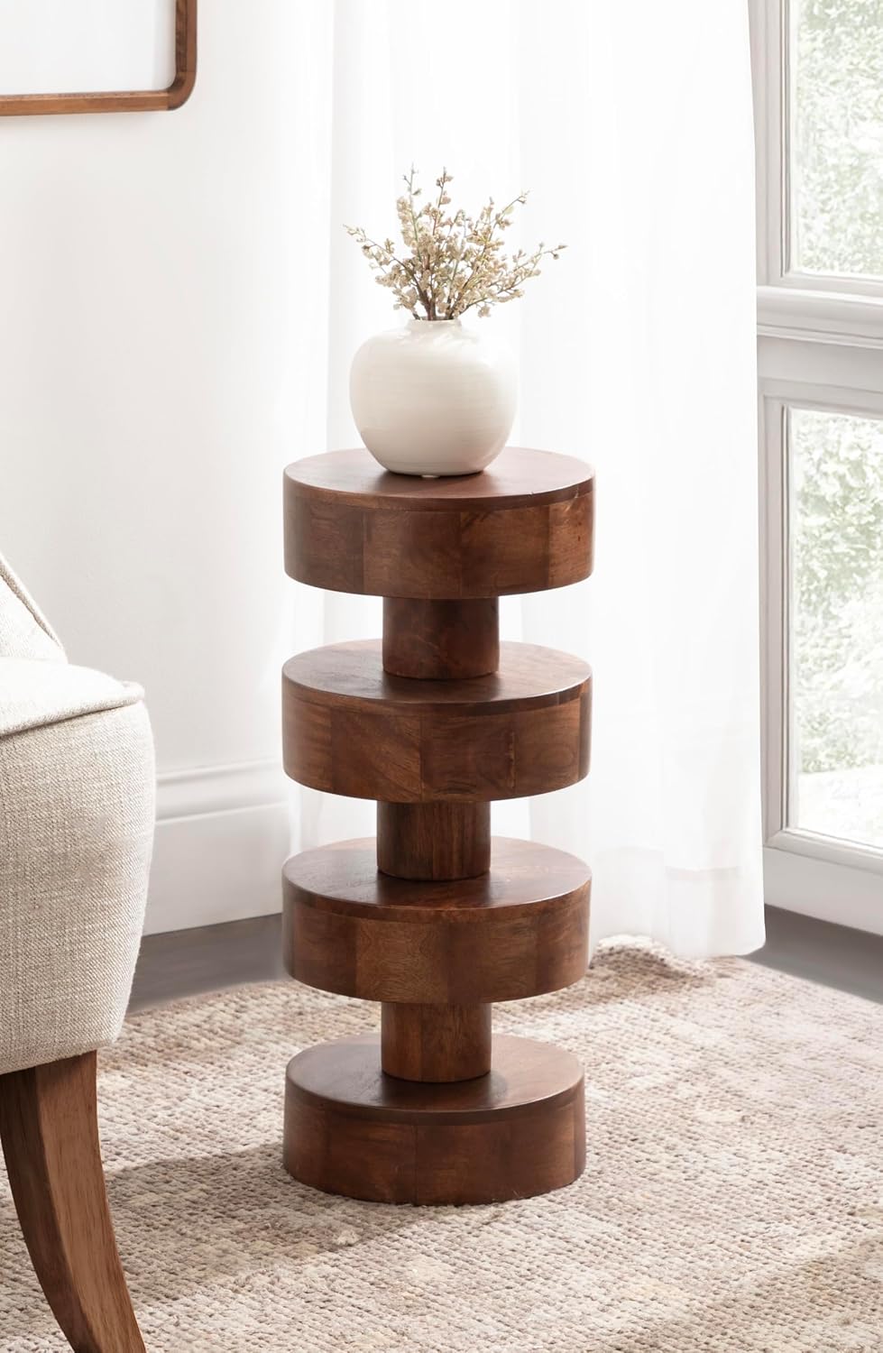 Kate and Laurel Omar Modern Wooden Round Drink Table, 9 x 9 x 20, Walnut Brown, Geometric Floating Disks Circle Mini Table for Use as Small Bedroom Night Stand or Indoor Plant Stand