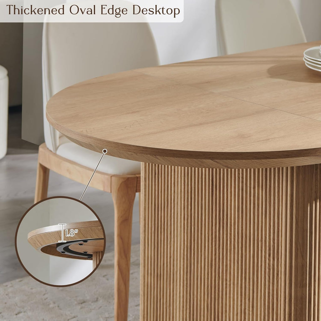 T4TREAM 63" Fluted Oval Dining Table for 4-6, Mid-Century Modern Kitchen Table with Thickened Edge & Strip Pedestal Base, Wood Luxury Table for Dining Room/Kitchen/Home Office,Natural Oak(Table Only)
