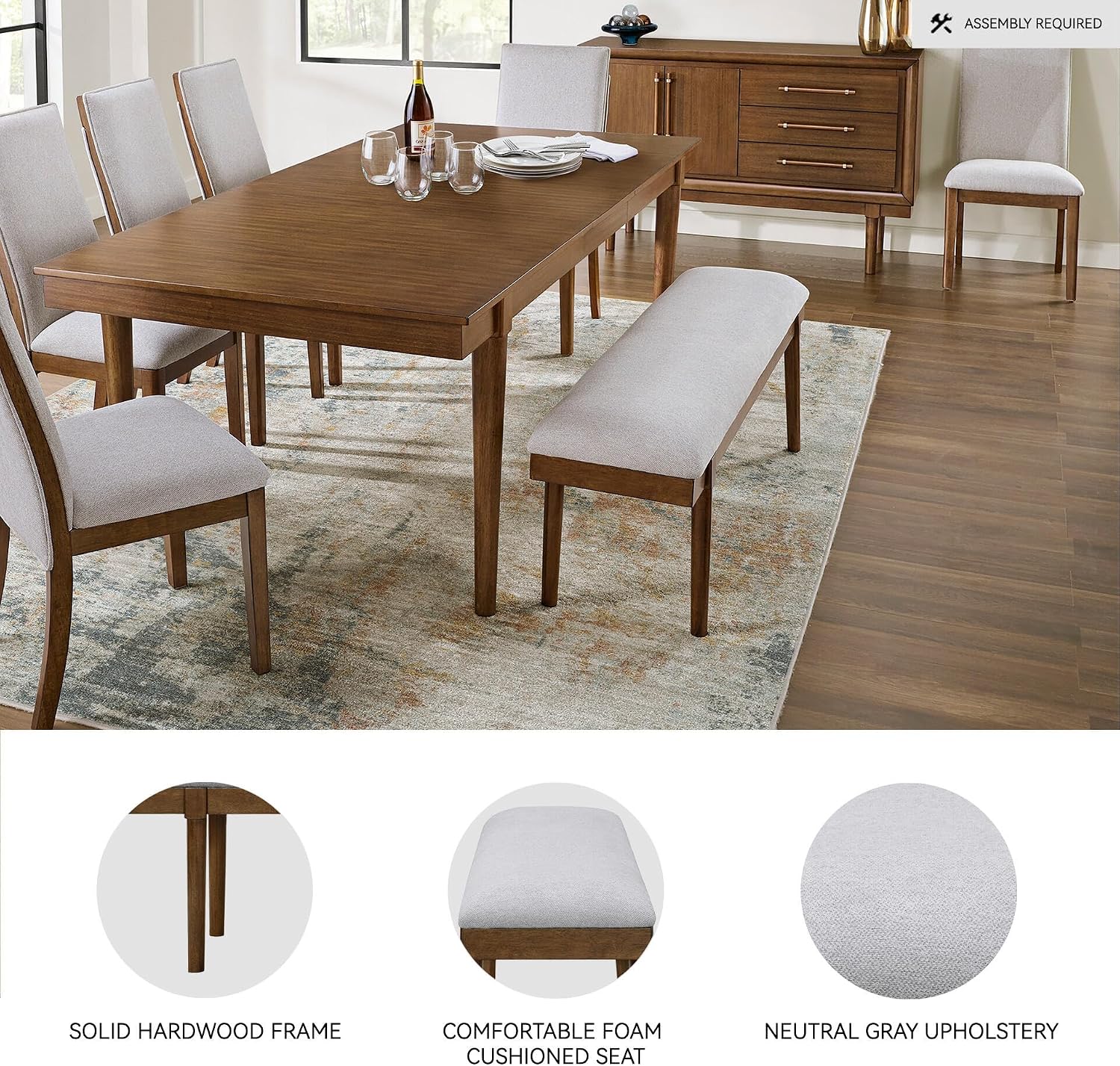 Signature Design by Ashley Lyncott 59" Upholstered Solid Wood Frame Dining Bench, Gray/Brown
