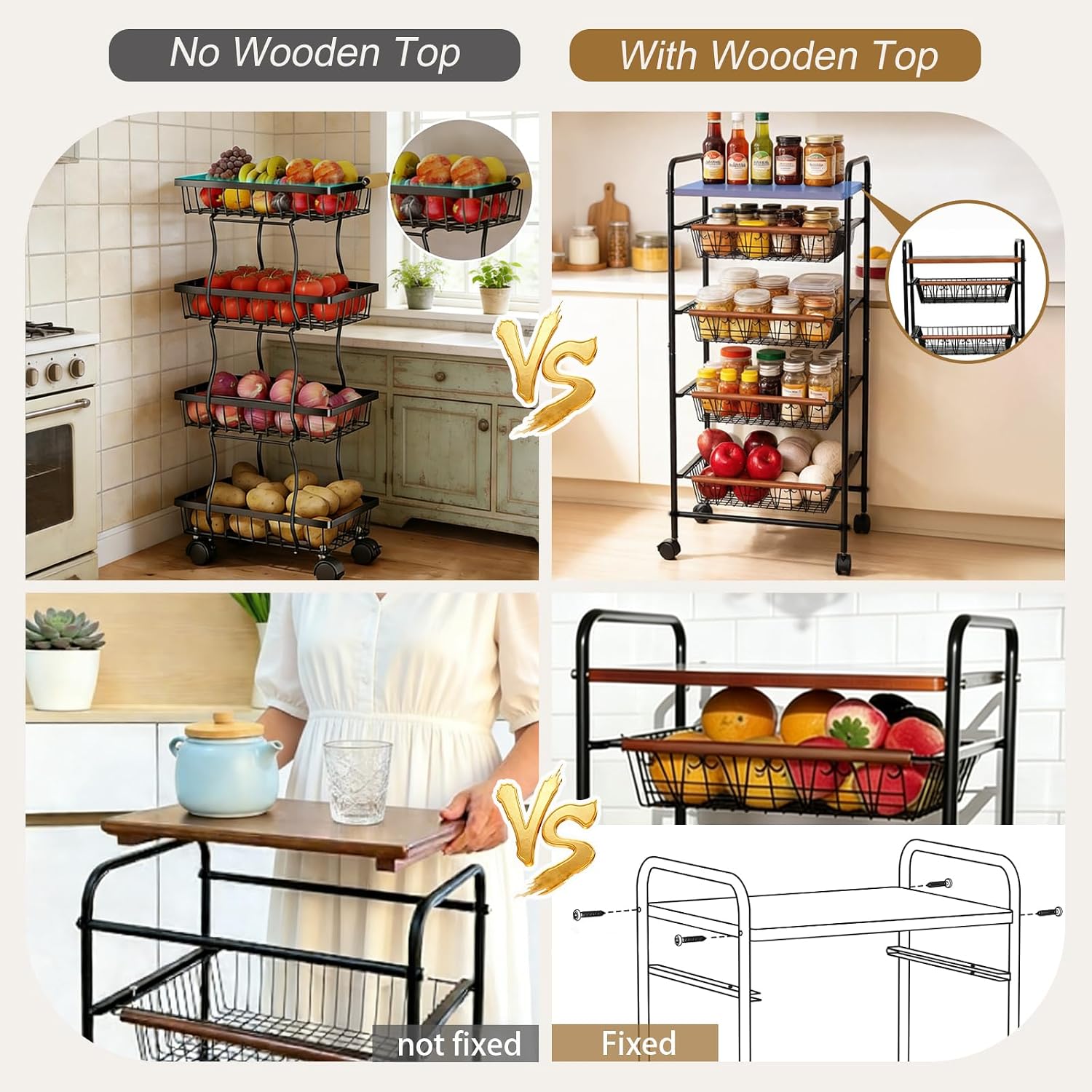 SWEETBLOOM Fruit Vegetable Storage Cart for Kitchen, 5-Tier Vegetable Stand Rack with Pull-Out Fruit Baskets, Rolling Snack Cart with Wood Top for Pantry, Living Room, Bathroom