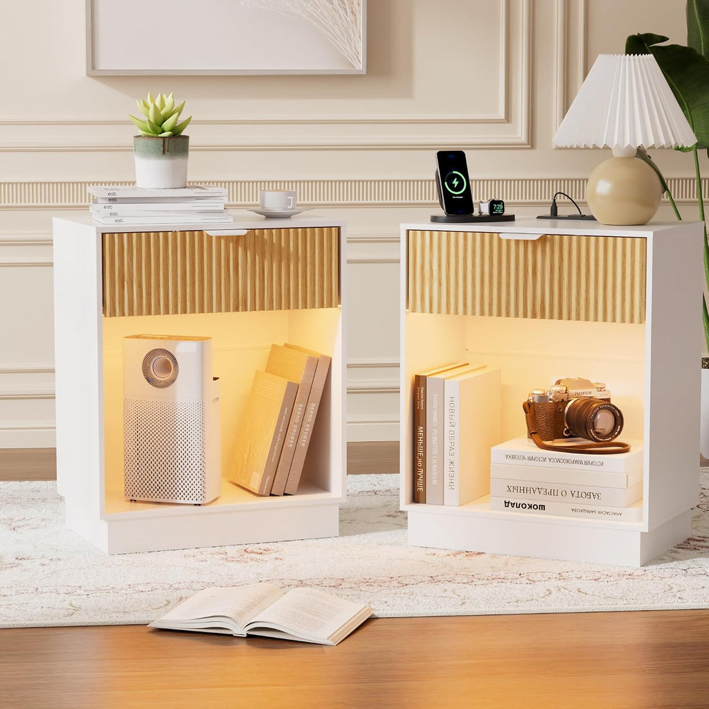 Fluted Nightstands Set of 2 with Charging Station, Wood Bedside Table with Drawer and Open Shelf, Mid Century End Table for Living Room, Bedroom, (White+Oak)