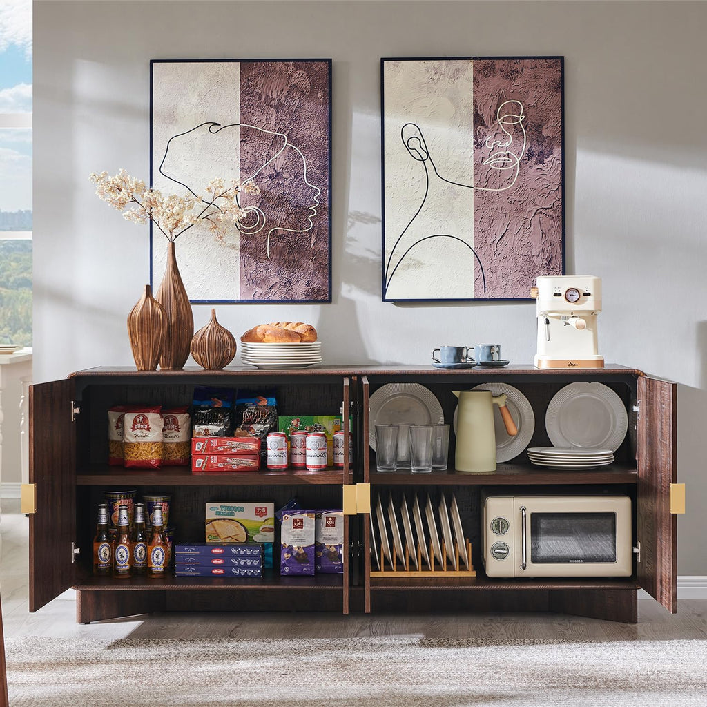 IFGET Modern Buffet Cabinet with Storage, 70" Large Sideboard Buffet Storage Cabinet with 4 Doors and Adjustable Shleves, Wooden Curved Coffee Bar for Dining Room, Kitchen, Living Room, Brown