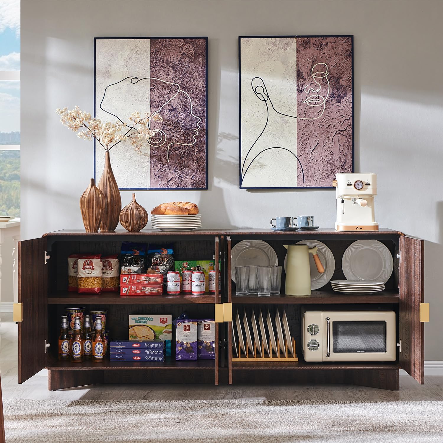 IFGET Modern Buffet Cabinet with Storage, 70" Large Sideboard Buffet Storage Cabinet with 4 Doors and Adjustable Shleves, Wooden Curved Coffee Bar for Dining Room, Kitchen, Living Room, Brown