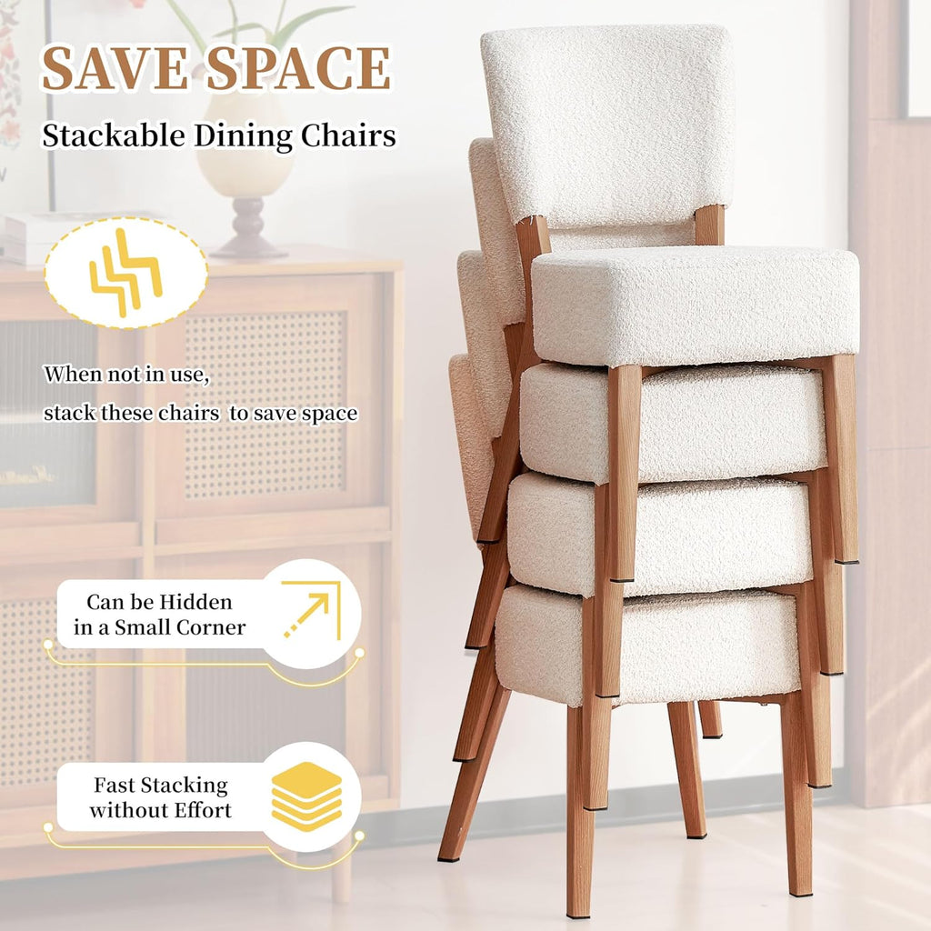 Stackable Dining Chairs Set of 2, Modern Fabric Upholstered Kitchen Side Chairs, Mid Century Modern Dining Room Chair with Oak Wood Grain Color Metal Legs for Small Spaces, White