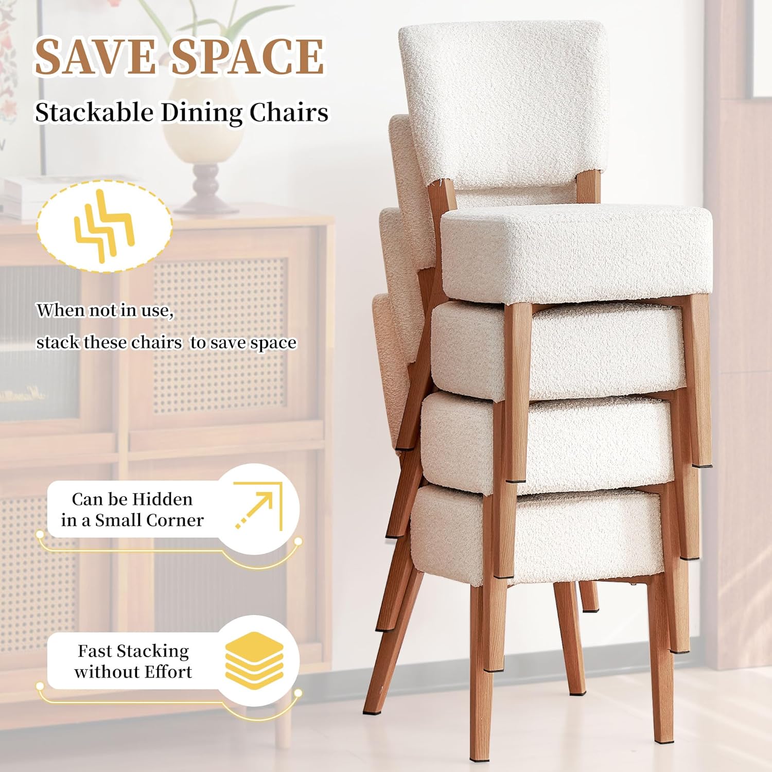 Stackable Dining Chairs Set of 2, Modern Fabric Upholstered Kitchen Side Chairs, Mid Century Modern Dining Room Chair with Oak Wood Grain Color Metal Legs for Small Spaces, White