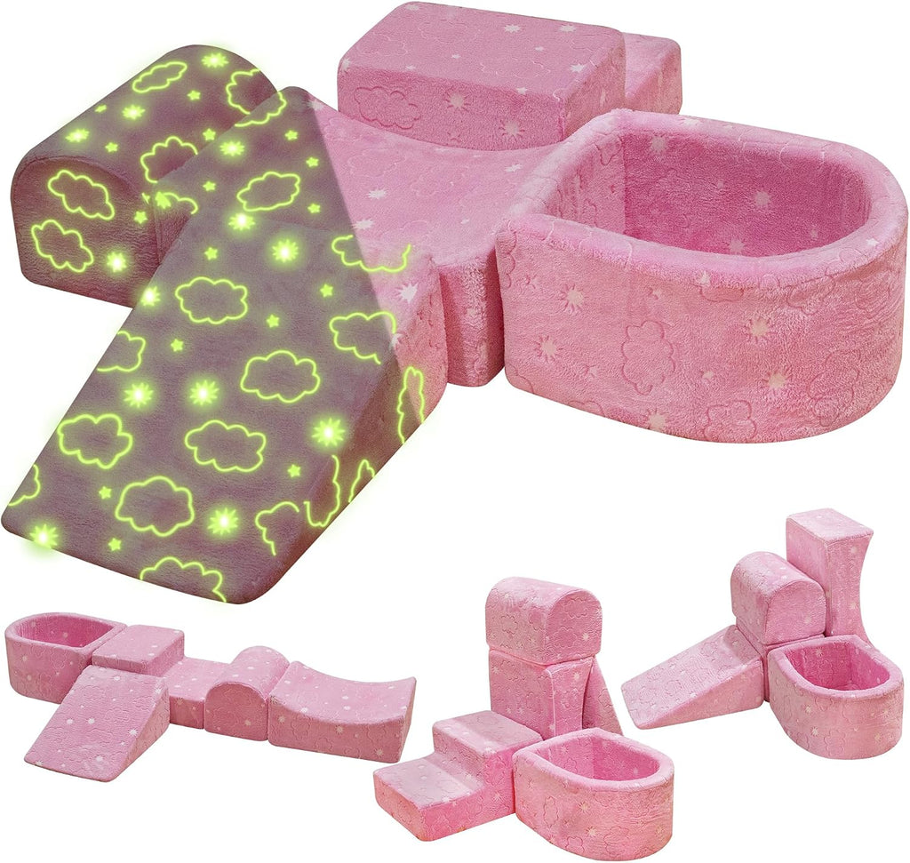 Lamerge Kids Couch, 5-in1 Modular Sectional Toddler Playing Sofa, Glow-in-The-Dark Climbing Blocks Toys, Multi-Combination, Ages 1-3, Hands-on Skills and Imagination (Pink Cloud, B)
