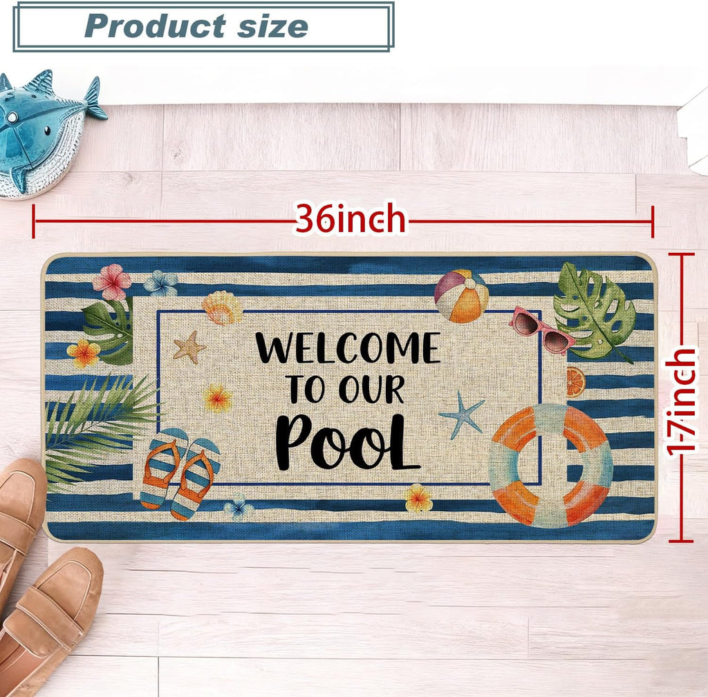 Baccessor Summer Pool Doormat 17x36 Inch Long, Welcome to Our Pool Tropical Poolside Low Profile Door Mat Non-Slip Rubber Backing for Floor Entrance Seasonal Outside Patio Porch Home Decor