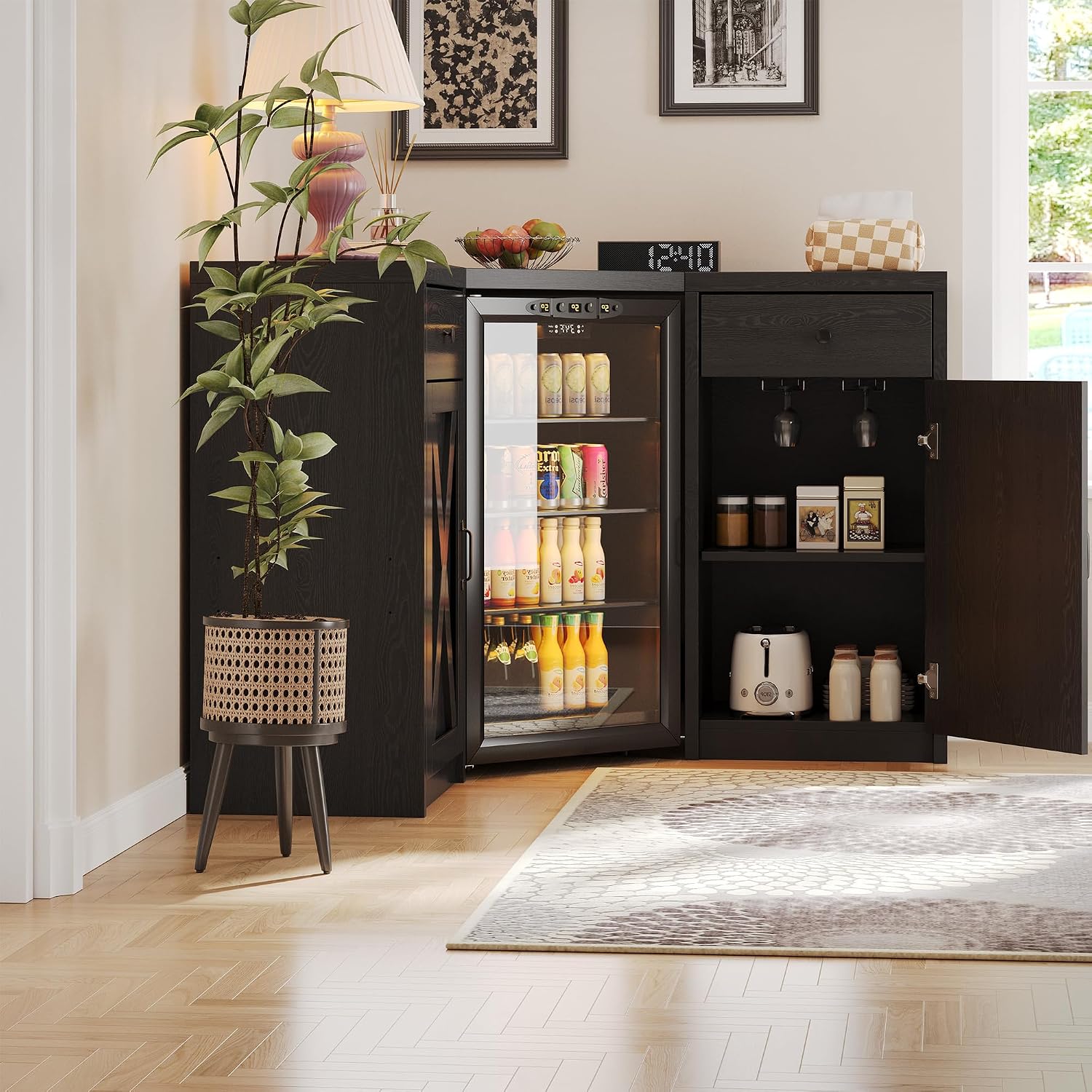 Coffee Bar Cabinet with Fridge Space, Corner Bar Cabinet with Fridge Space, L-Shaped Liquor Wine Cabinet for Home, Mini Fridge Cabinet with Storage for Dining Room, Living Room