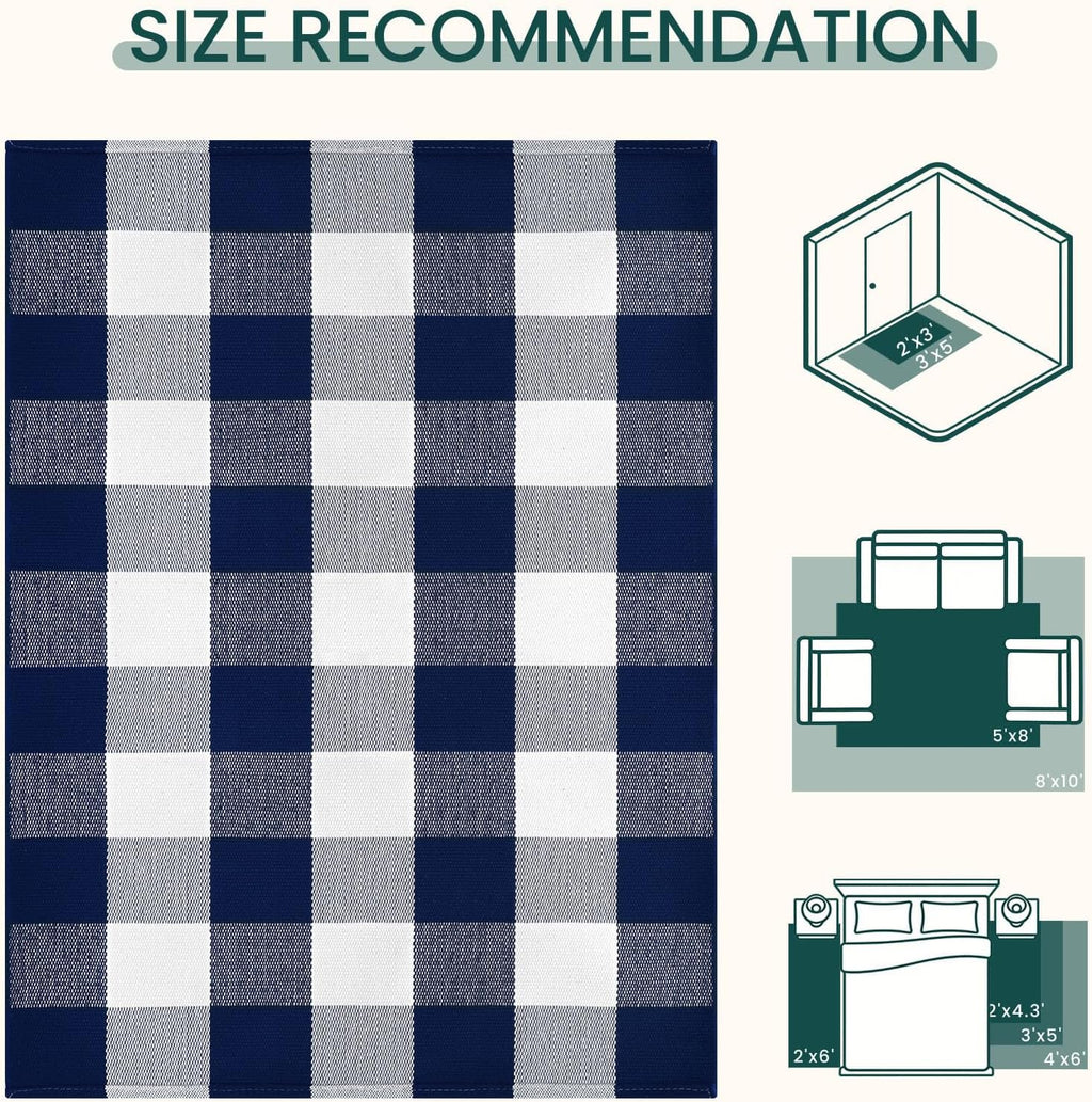 KOZYFLY Buffalo Plaid Area Rugs 2.3x3.6 Ft Blue and White Rug Washable Front Door Mat Woven Cotton Indoor Outdoor Rug for Front Porch Kitchen Entryway Patio Farmhouse Checkered Doormat