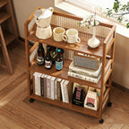 Rattan Side Table with Universal Wheels,Vintage Style Movable Coffee Table, Small Sofa End Table,for Living Room Kitchen Bar Bedroom Office Bathroom