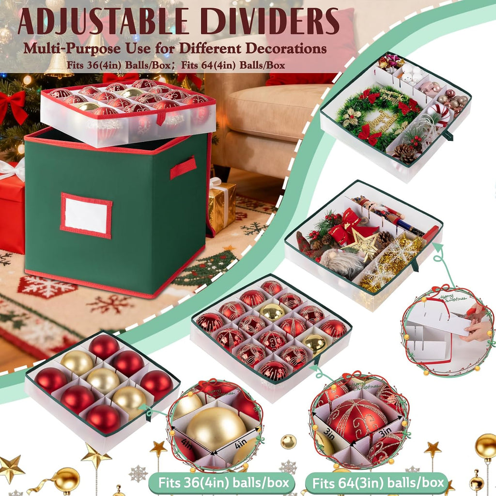 OIAHOMY 2 Pack Ornament Storage Box with Handle, Each Ornament Storage Holds 64 Balls, Christmas Decoration Box Include Plastic Trays and Zip-Lock Lid, Made of 600D Oxford Fabric - Green