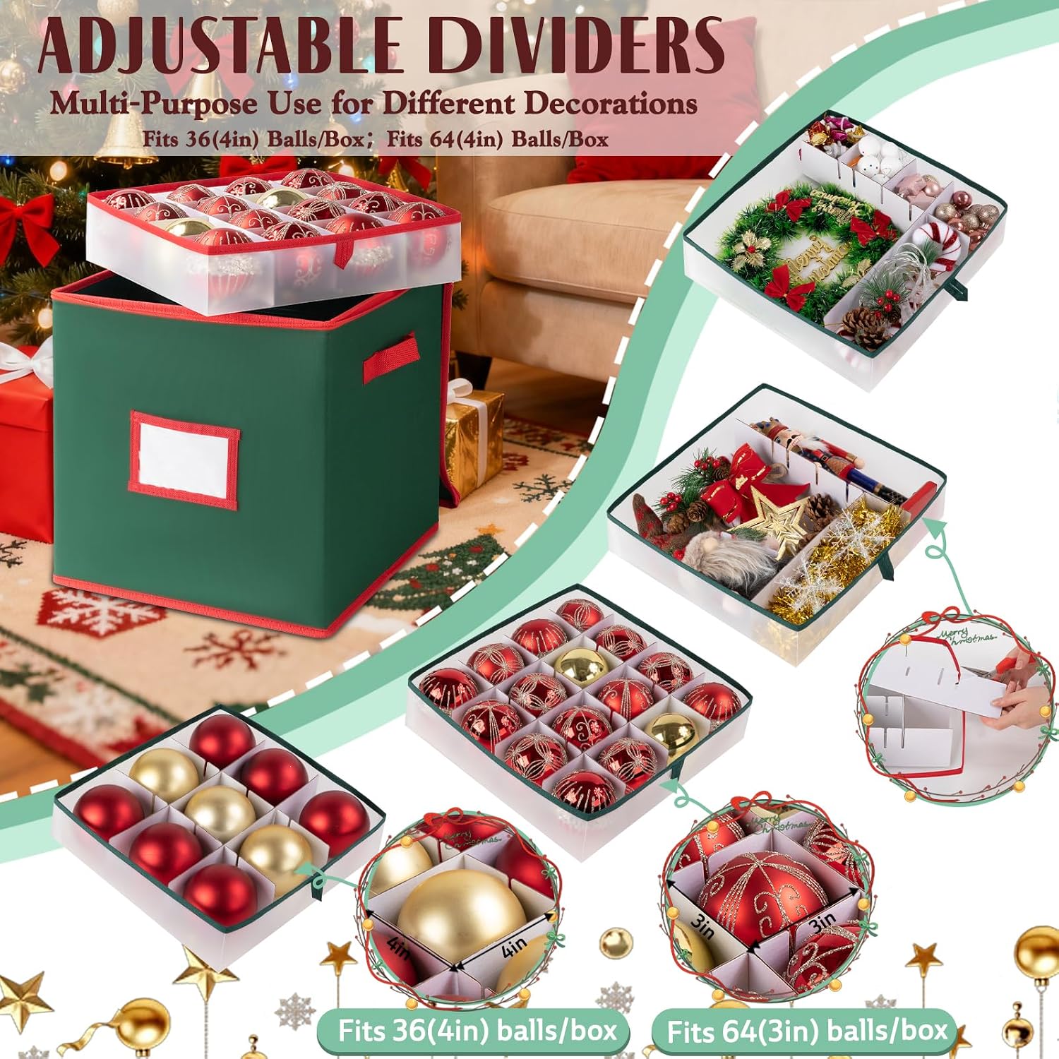 OIAHOMY 2 Pack Ornament Storage Box with Handle, Each Ornament Storage Holds 64 Balls, Christmas Decoration Box Include Plastic Trays and Zip-Lock Lid, Made of 600D Oxford Fabric - Green