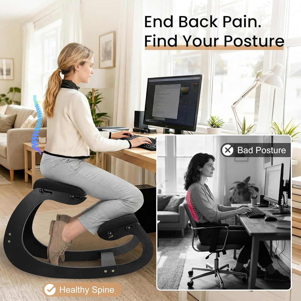 Ergonomic Kneeling Chair - Adjustable Seat, Smooth Rocking Base for Active Posture, Relieves Back & Spine Pressure for Office &Home Sturdy Kneeling Desk Chair Holds 300 lbs, Durable & Stable