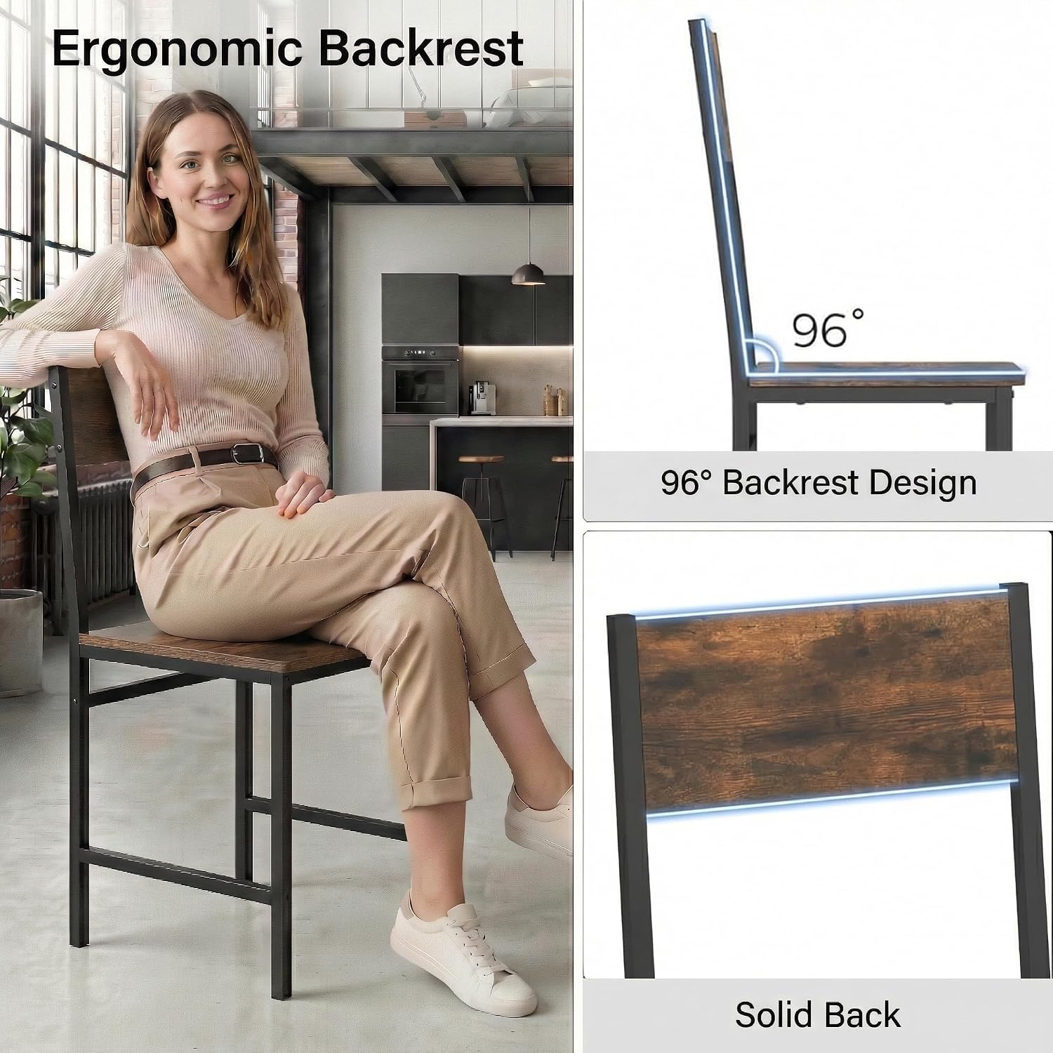 Industrial Dining Chairs Set of 4, Wooden Kitchen Chairs with Slanted Backrests & Metal Legs, 330lb Capacity, Easy to Assemble, Farmhouse Dinner Seats for Living Room, Restaurant , Rustic Brown