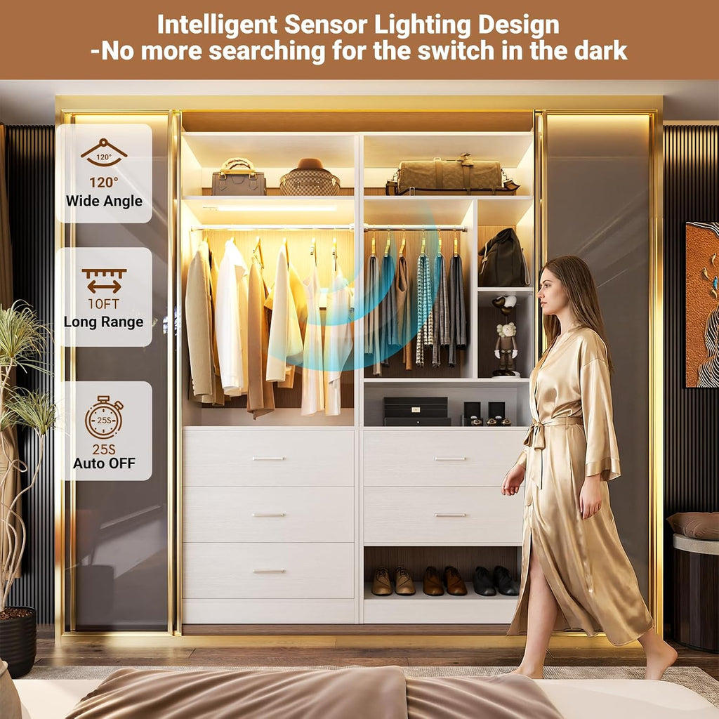 Besiost 4FT Closet Systems with 3CCT Sensor Light, 48 Inch Closet Organizer System with 5 Wood Drawers, 2 Hanging Rods & 7 Shelves, Heavy Duty 48" Walk-in Closet , White (48"L x 15" W x 80" H)