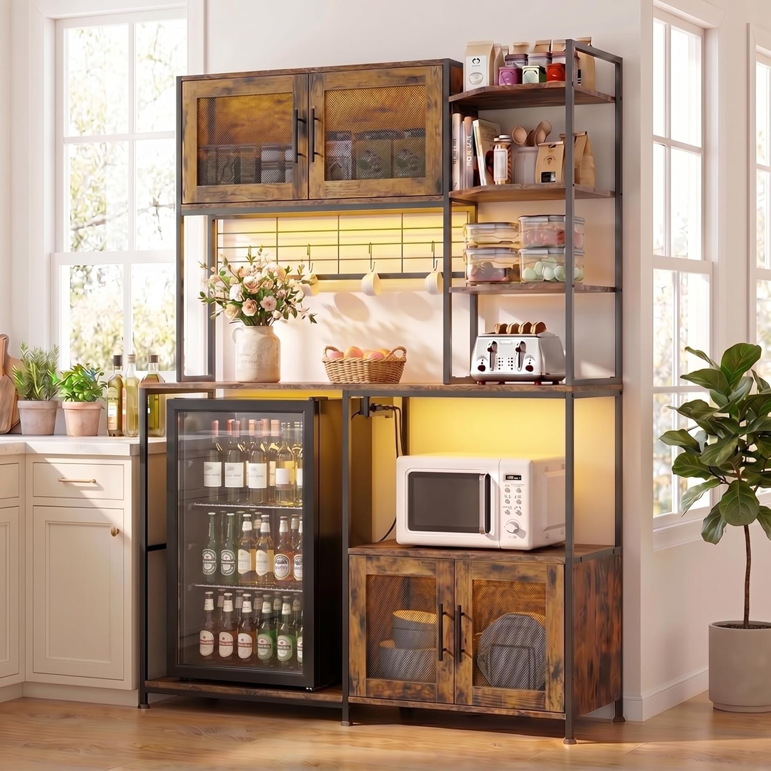 Loomie Bakers Rack with Power Outlet and LED Light, 71" Tall Kitchen Microwave Stand with Fridge Space, Farmhouse Coffee Bar Cabinet with Mesh Doors, Kitchen Shelves with Hooks (Rustic Brown)