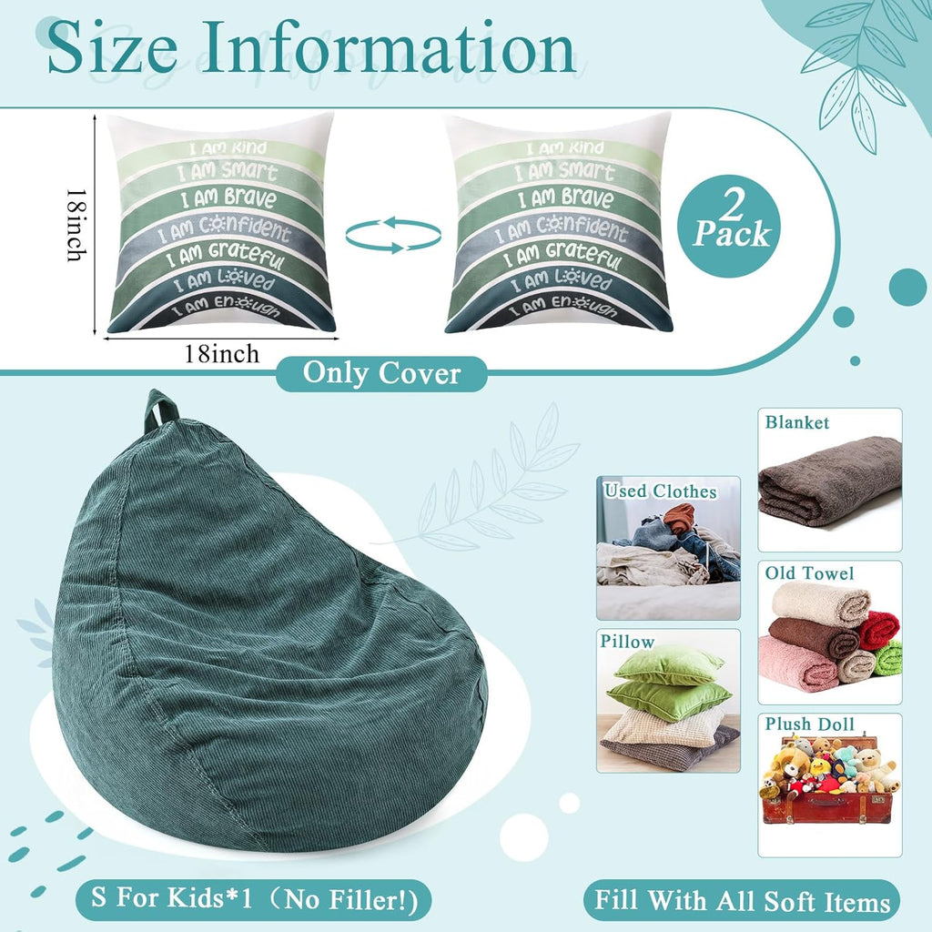 Cozy Corner for Kids Classroom Storage Bean Bag Chair Cover (No Filler) with Rainbow Throw Pillow Covers, Bean Bag Chair for Reading Nook, Classroom, Nursery(Small, Rainbow, Green)